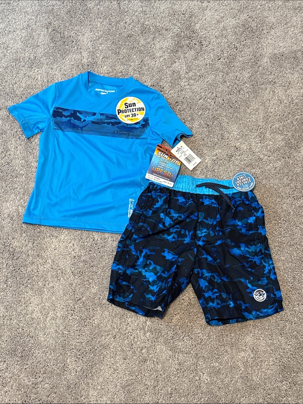ZeroXposur Boys Blue Rash Guard & Blue Camo Swim Trunks